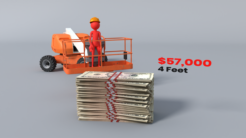 $57,000 stacked in fives is 4 feet tall.