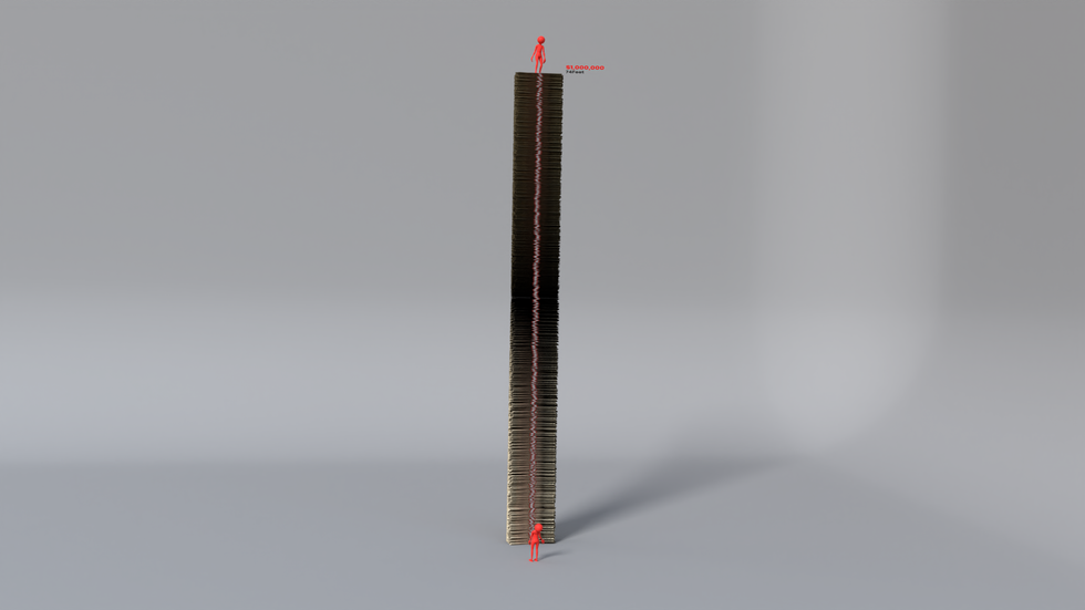 A million stacked in fives is over 70 feet tall.