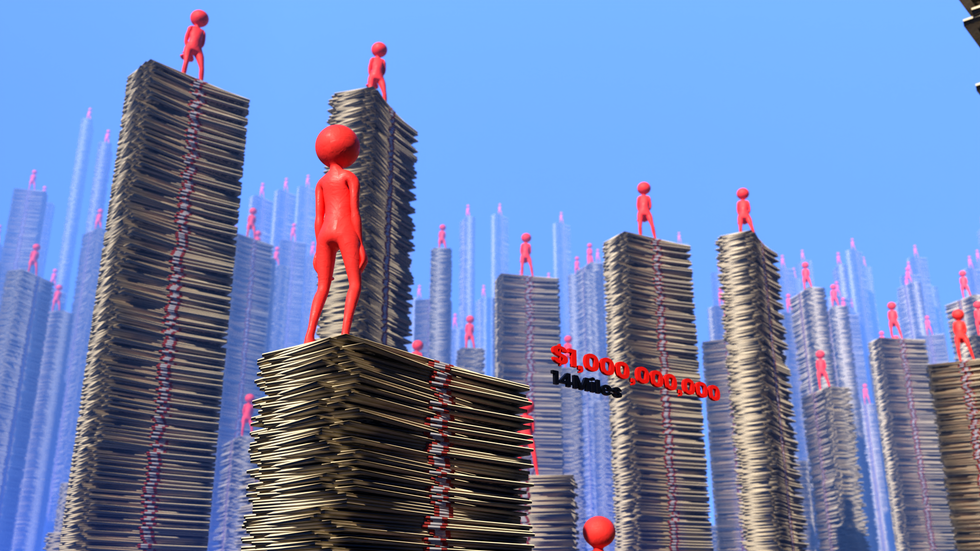 A club of billionaires standing atop their wealth.