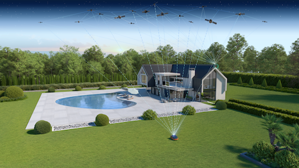 a photo os navimow robot mower in a yard and connecting to satellite