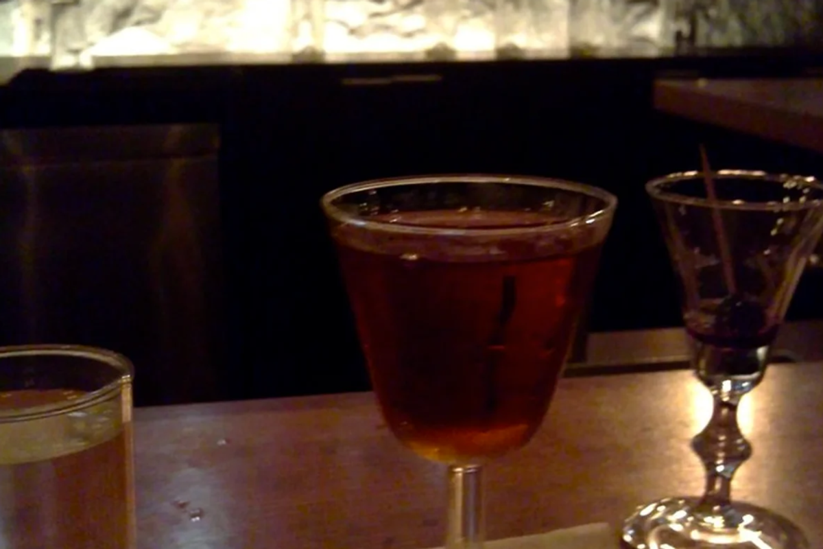 drinks, bar, table with drinks, three drinks on a table, bar stool, toothpick