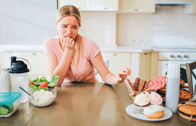 craving, temptation, sweets, snacks, healthy food, tempted woman, hungry woman, 