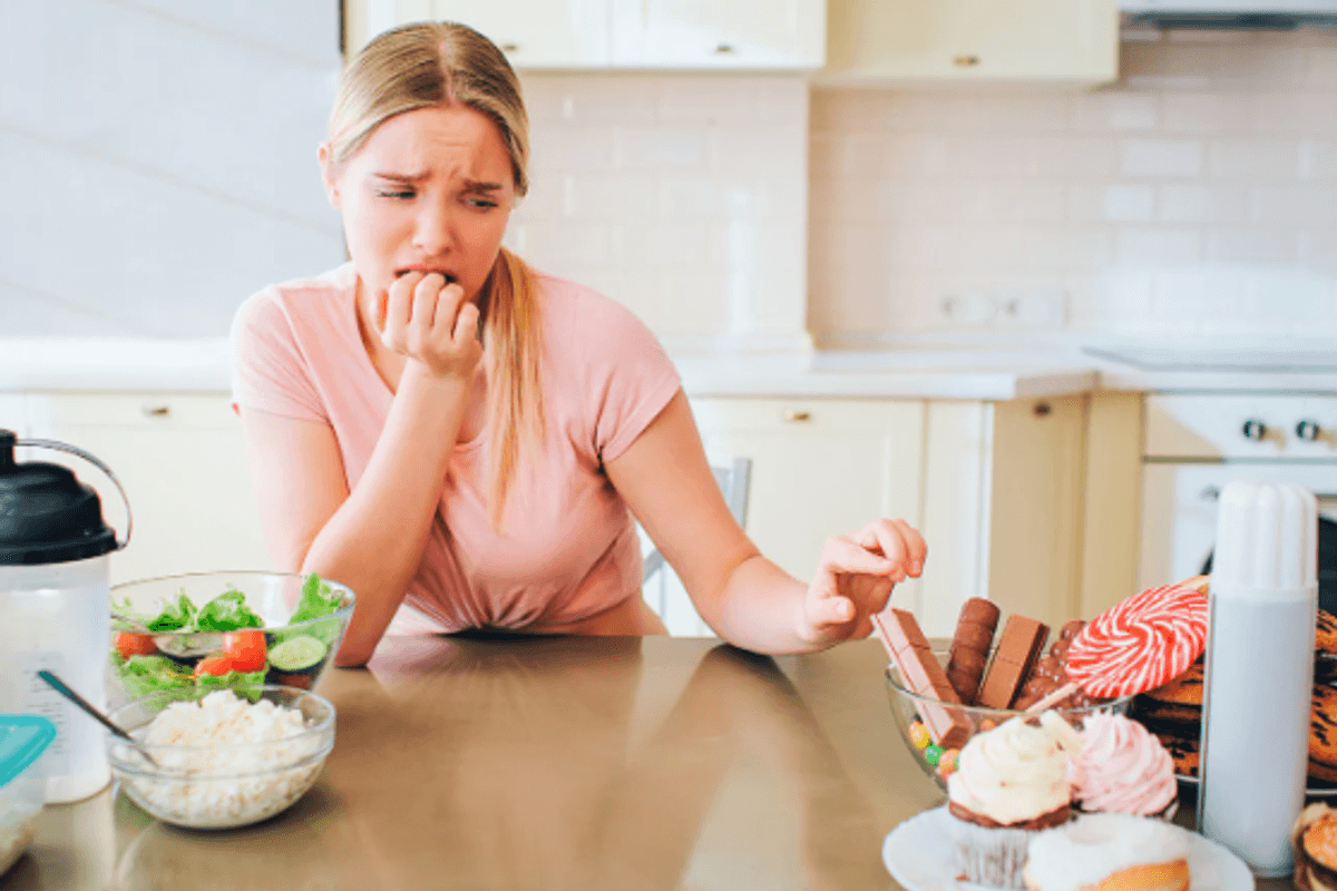 craving, temptation, sweets, snacks, healthy food, tempted woman, hungry woman,