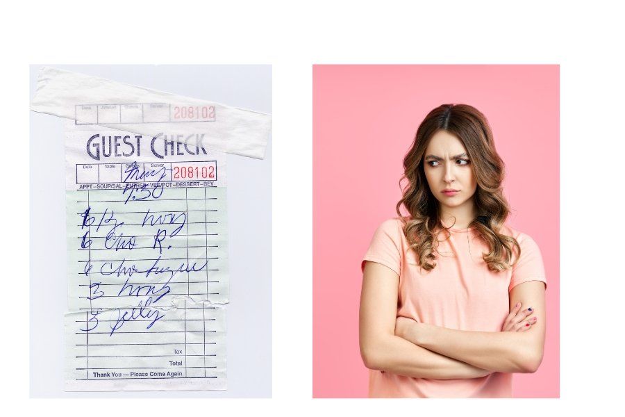 Bill, restaurant, annoyed woman, splitting the check, check