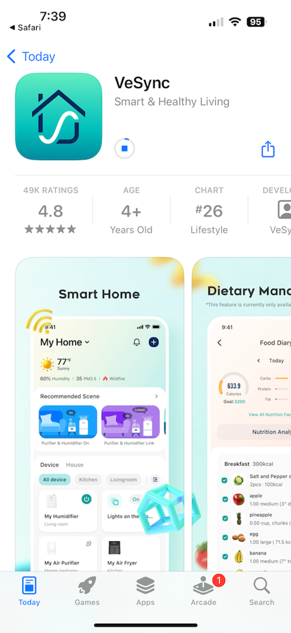 VeSync app's home page