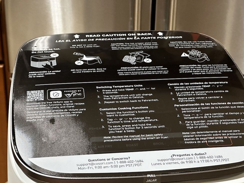 setup instructions on top of Cosori TurboBlaze 6-Quart Smart Air Fryer