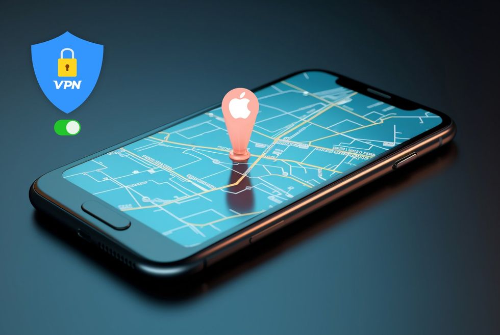 photo of iphone with a vpn logo and a apple log tagged to a location on the smartphone.