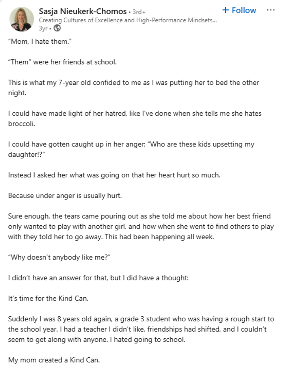 kind can, linkedin, post, social media, mom, parenting