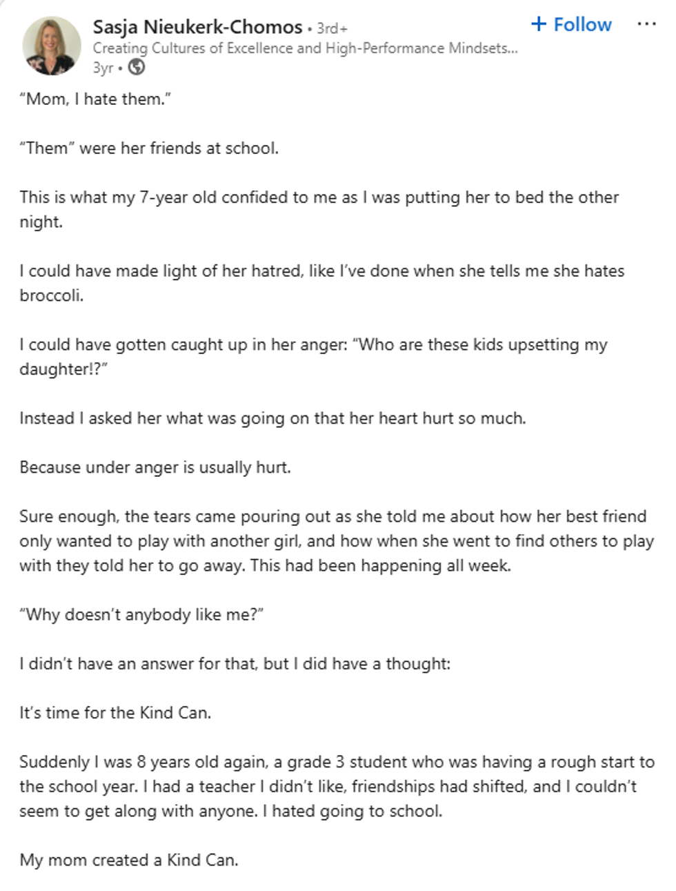 kind can, linkedin, post, social media, mom, parenting