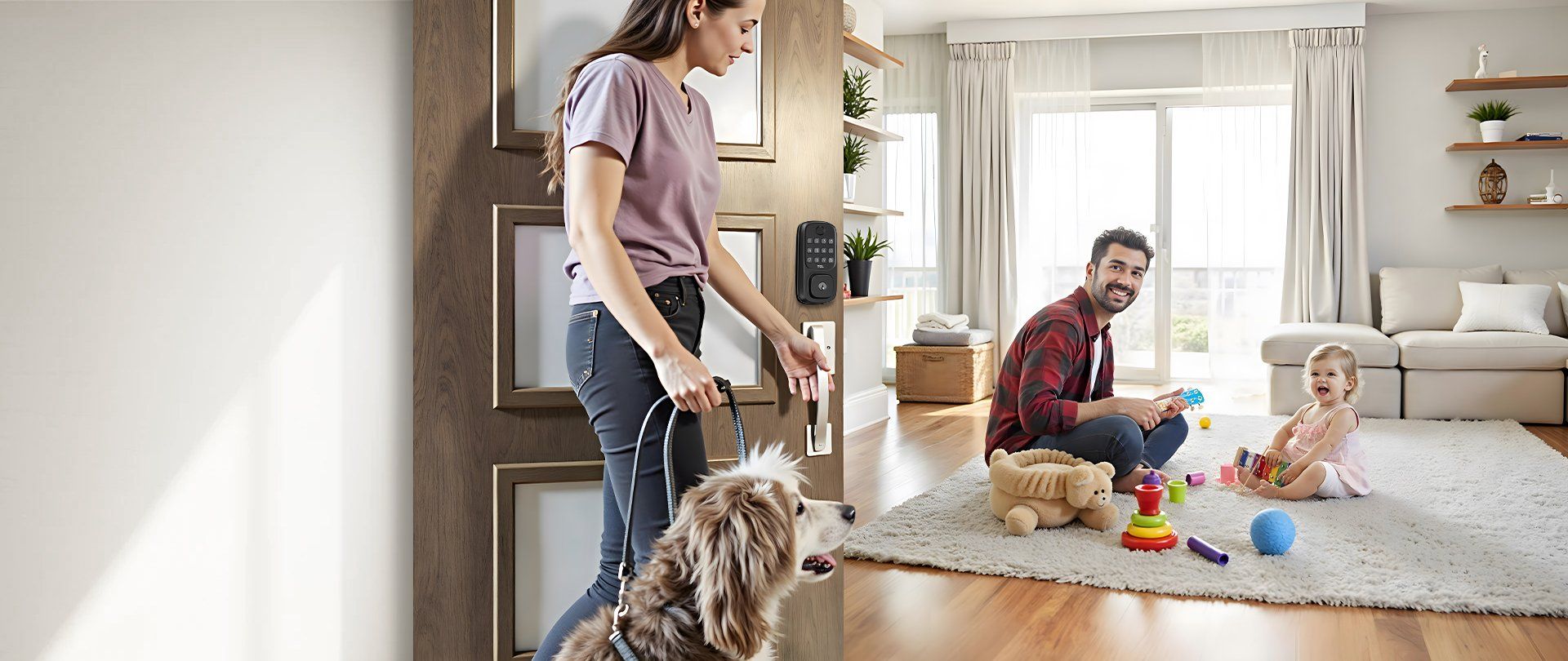 photo of a woman walking into a room with her dog and TCL smart lock on the door.