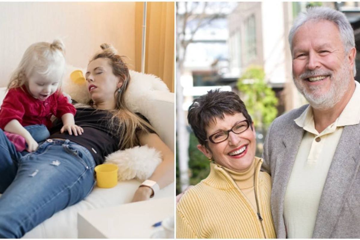 mom, baby boomer parents, grandchildren, baby stressed mom, mom on bed