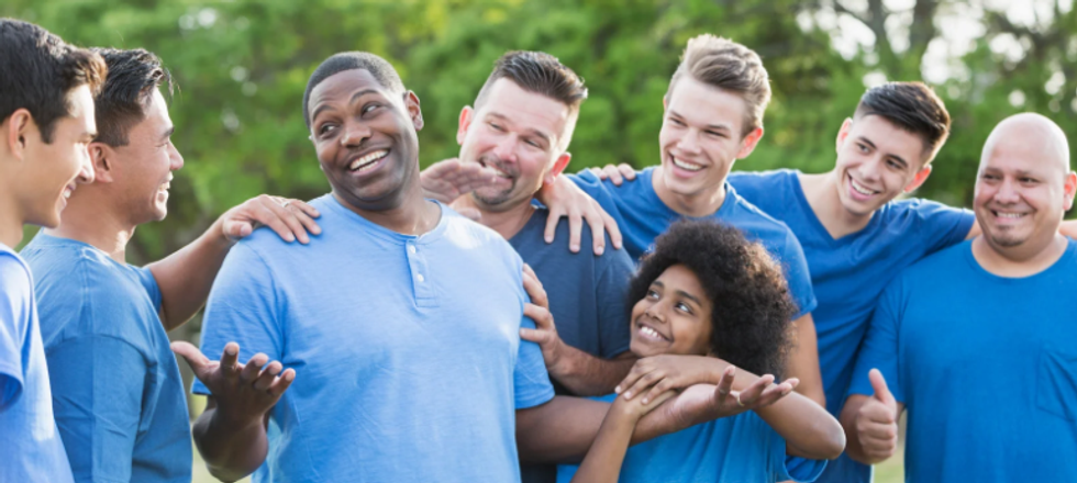 encouragement, poeple in blue shirts, luaghs, my bad, smiles, supportive people