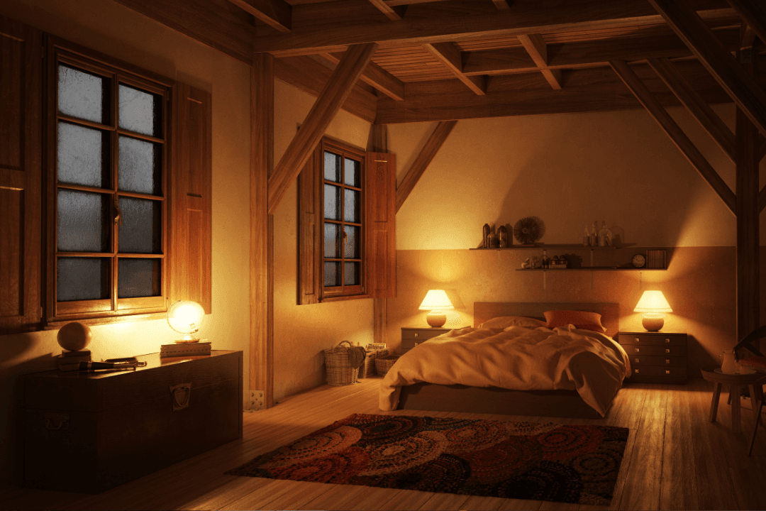 cozy, bedroom, warm lighting, blankets, rug
