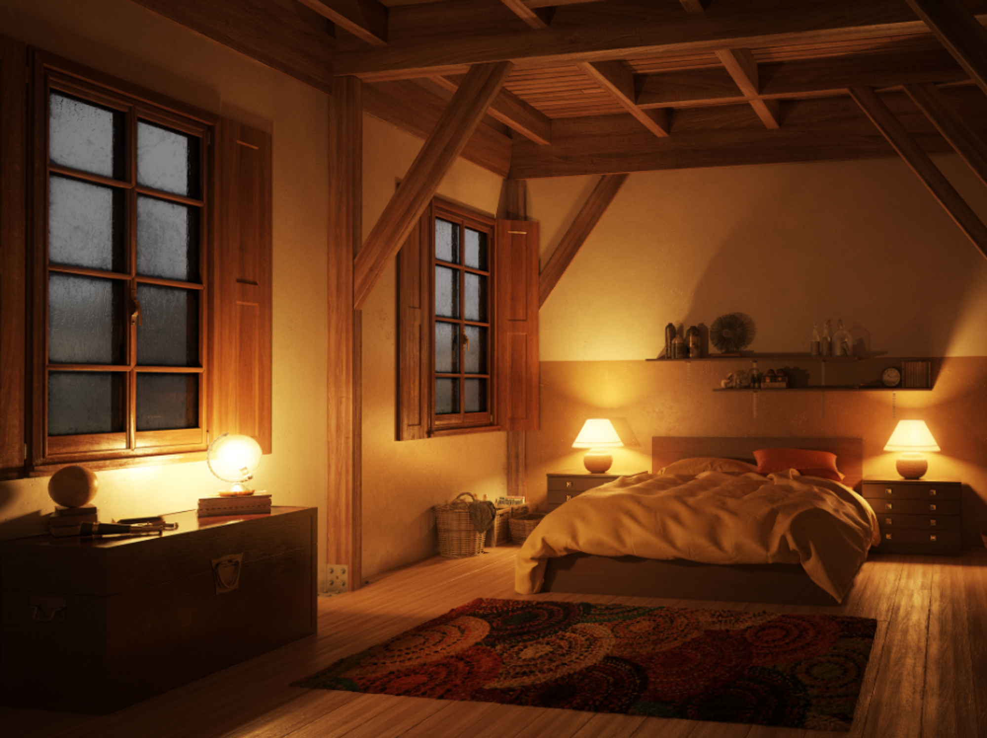 cozy, bedroom, warm lighting, blankets, rug