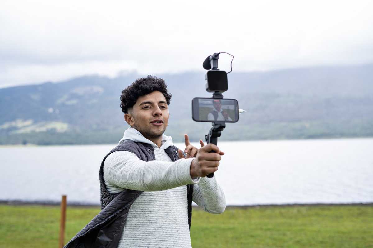 Influencer who records content for social networks. stock photo