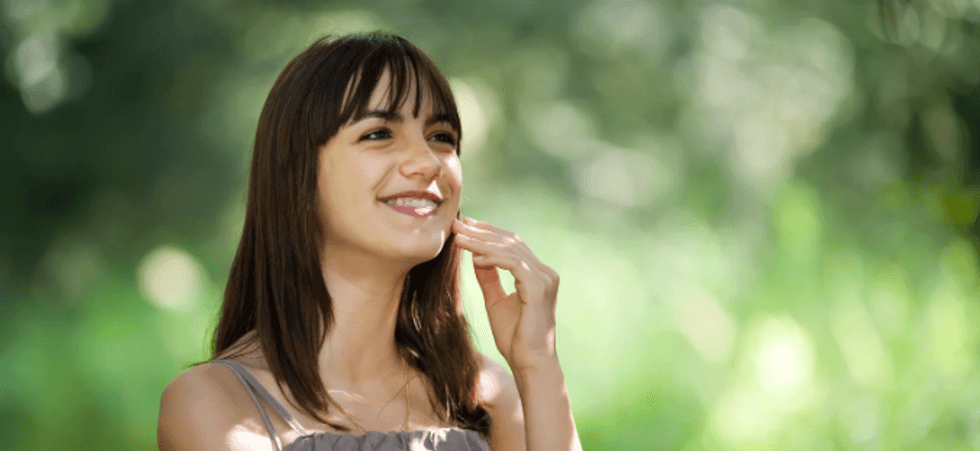 happy young woman, happy teen, brunette woman, smile, woman touching face