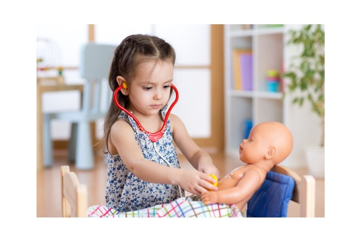 young girl, baby doll, role-playing, doctor, kids