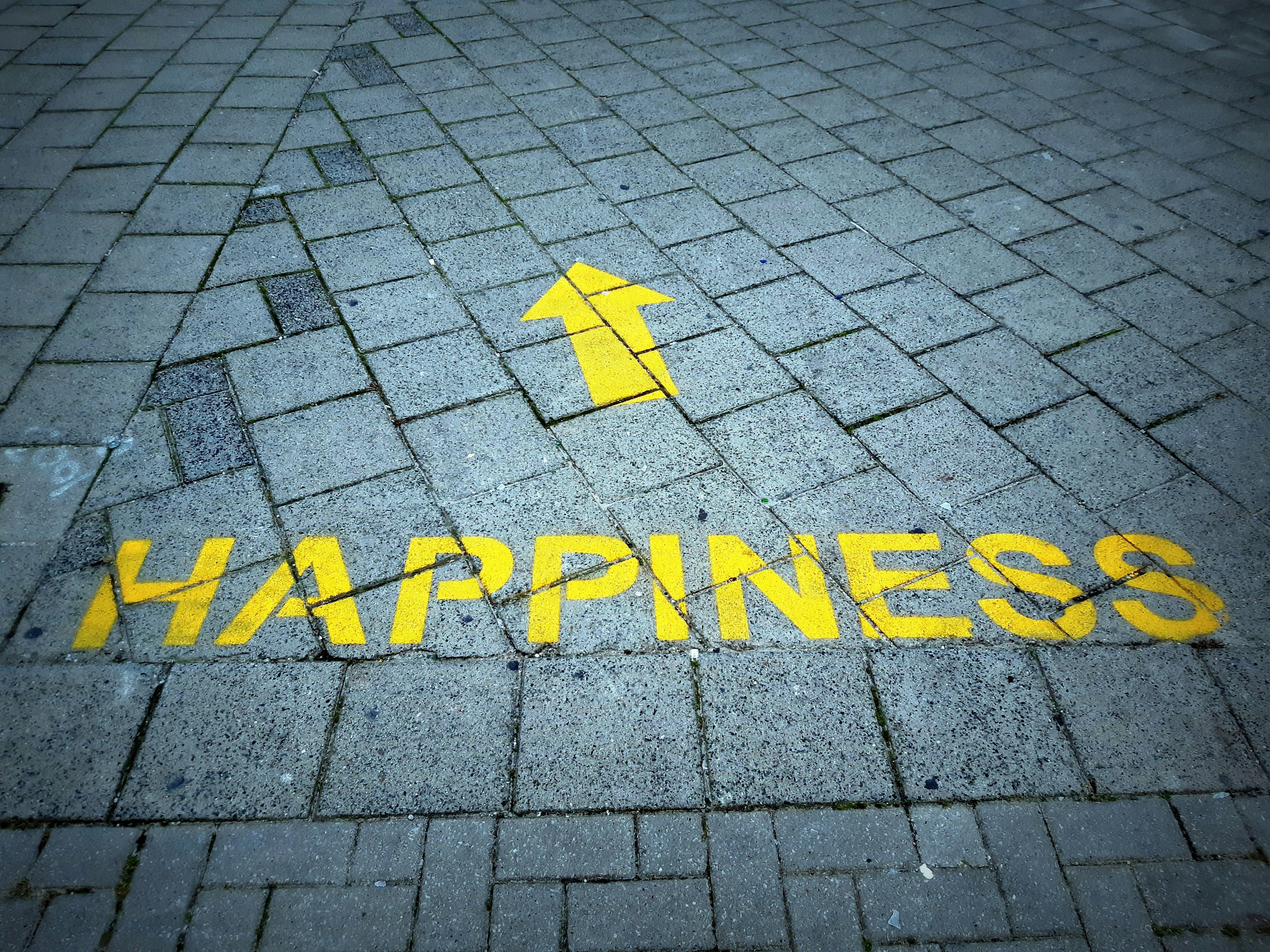 Yellow "Happiness" and arrow painted on gray brick pavement.