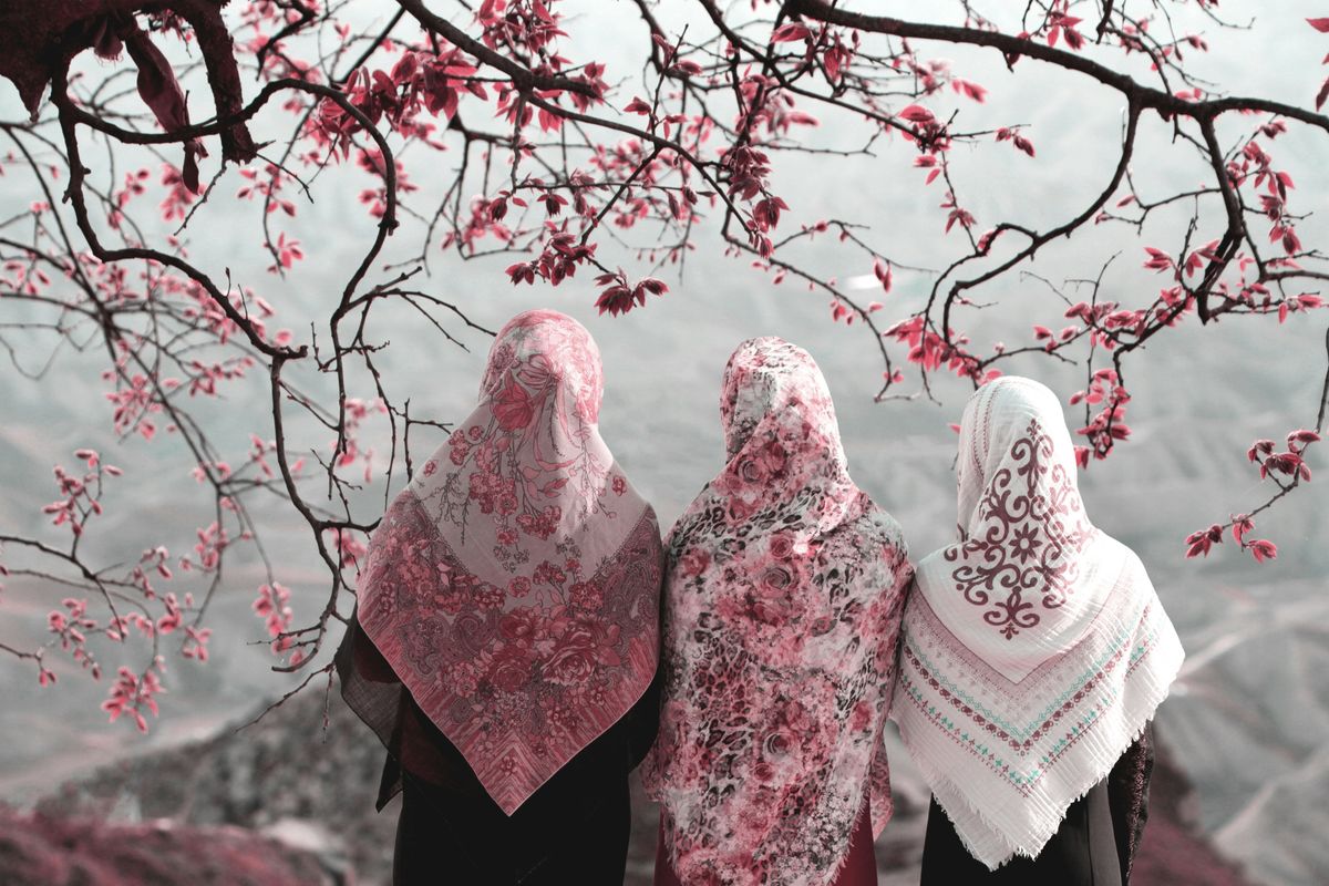 Three women in floral hijabs under a blossoming tree, overlooking a foggy landscape.