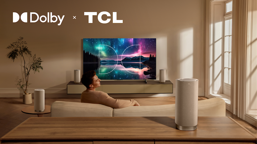 photo of a living room with TCL TV and TCL FlexConnect and Z100 speakers