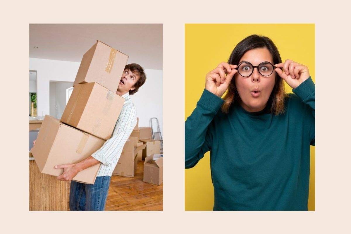 man moving boxes, surprised woman, moving, helping, couple