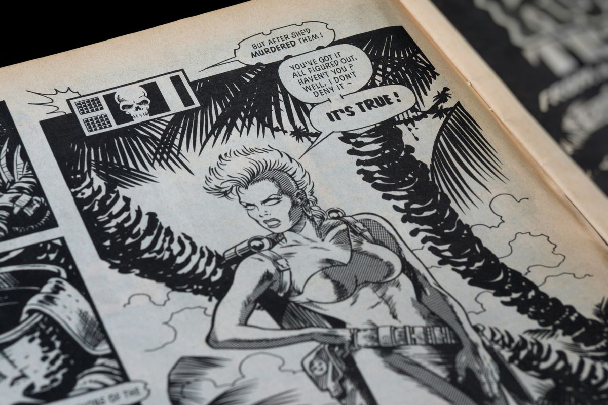 Black and white comic book page featuring a confident woman with speech bubbles.