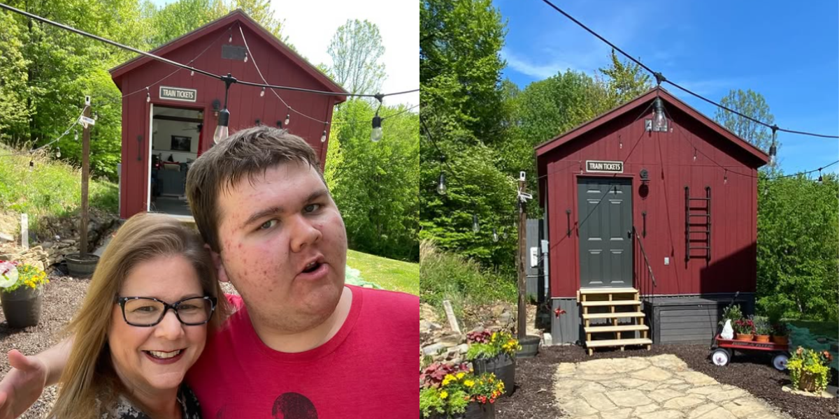 Parents build train-themed tiny house in backyard for 21-year-old son with autism