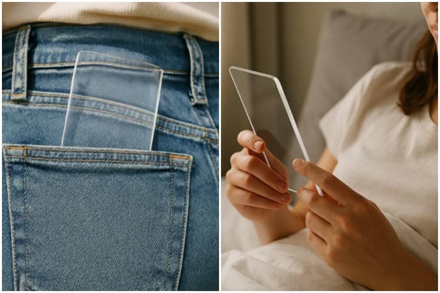 methaphone, clear smartphone, smartphone in jeans, woman reading, clear phone