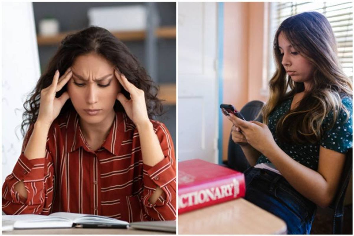 students, teachers, smartphones, technology, dictionary, stressed teacher