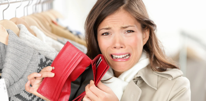 broke, bills, paycheck to paycheck, scared woman, finances, american life, purse