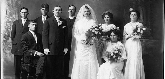 wedding party photo, wedding, old weddings, black and white, serious photos, no smiles