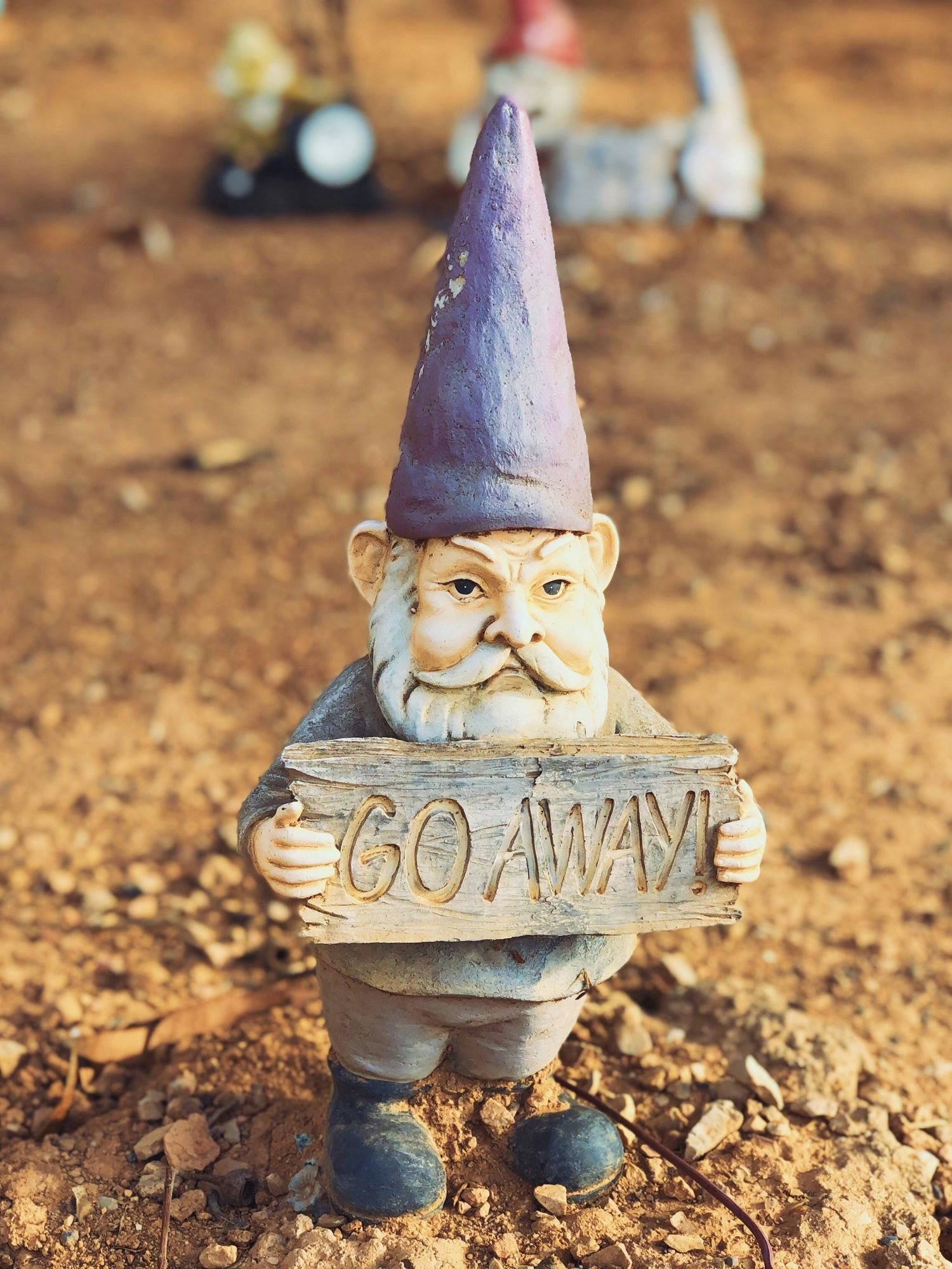 gnome, sign, whatever, go away, social skills