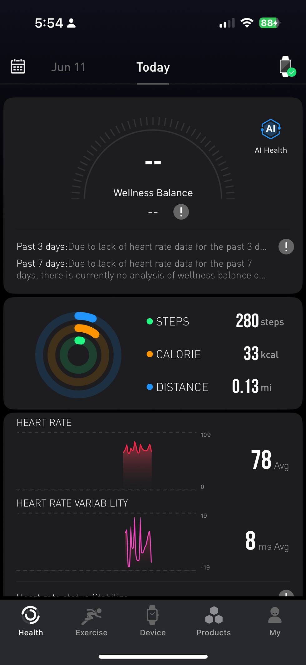 Homescreen of Tozo Health app for TOZO AMOLED S6 Smart Watch