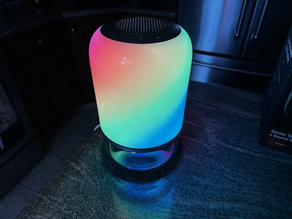 photo of Govee Table Lamp 2 Pro x Sound by JBL on a countertop with lights on.
