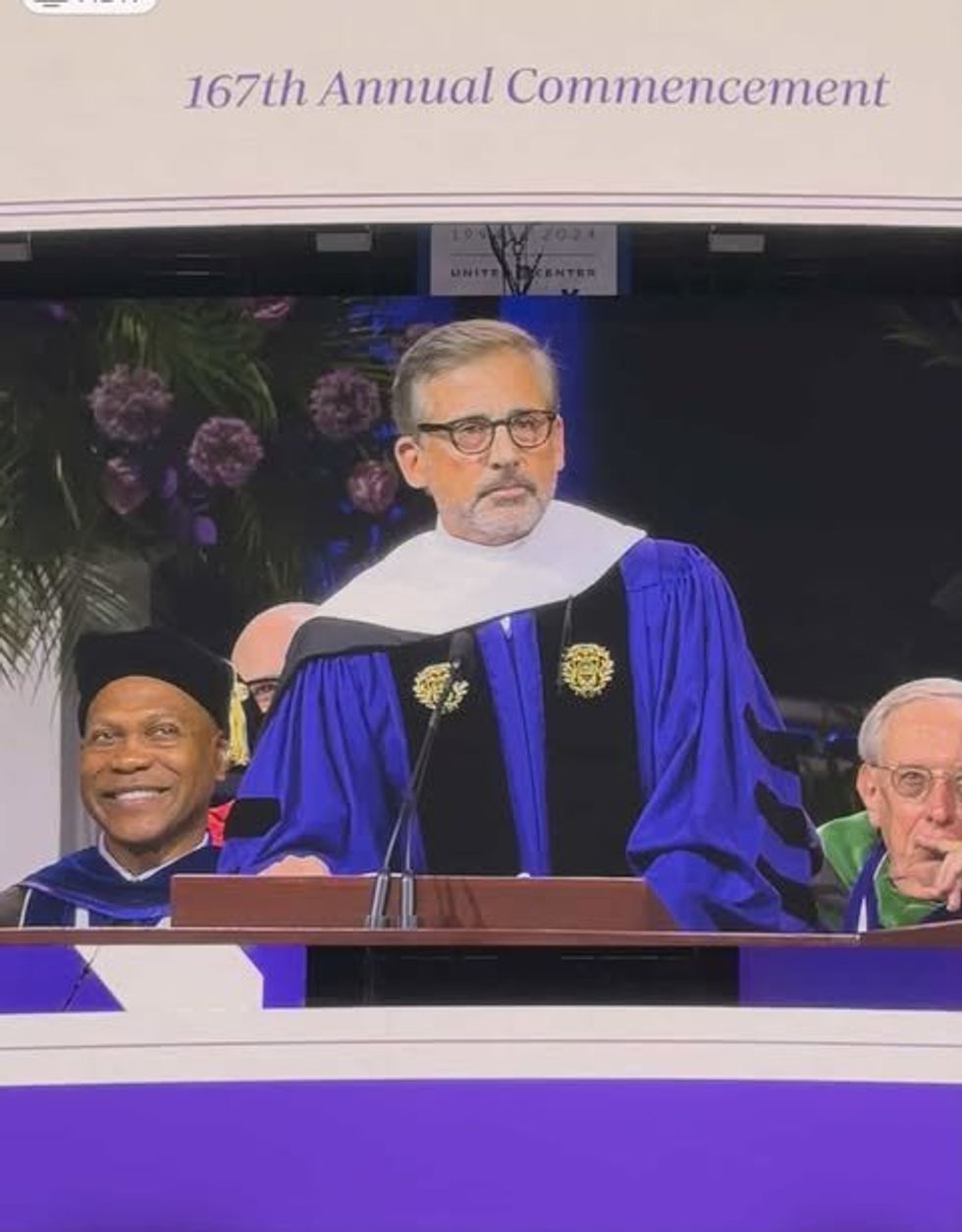 Steve Carell performs a joyous dance mid-speech at Northwestern's graduation