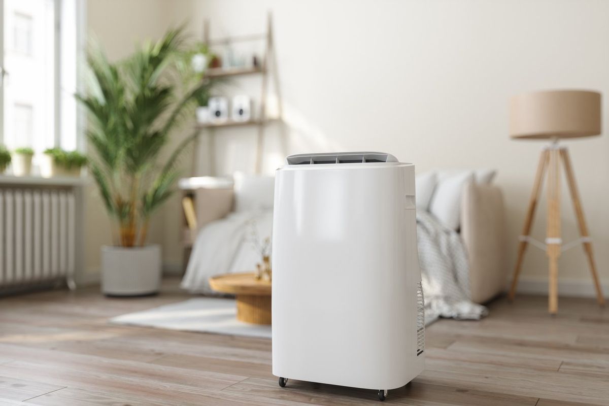 Close-up View Of Portable Air Conditioner With Blurred Living Room Background stock photo