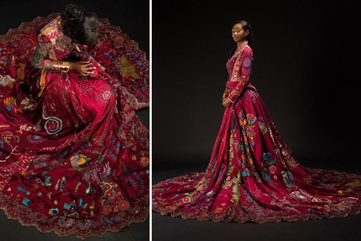 red dress embroidery project, art, multicultural art, fiber arts, sewing arts, global art project