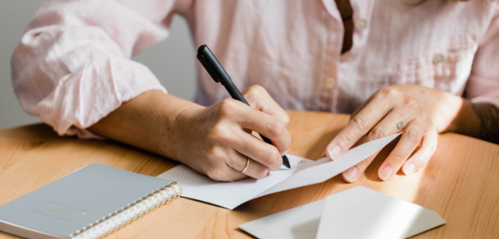 card, ice note, greeting card, pen, woman writing, thank you card