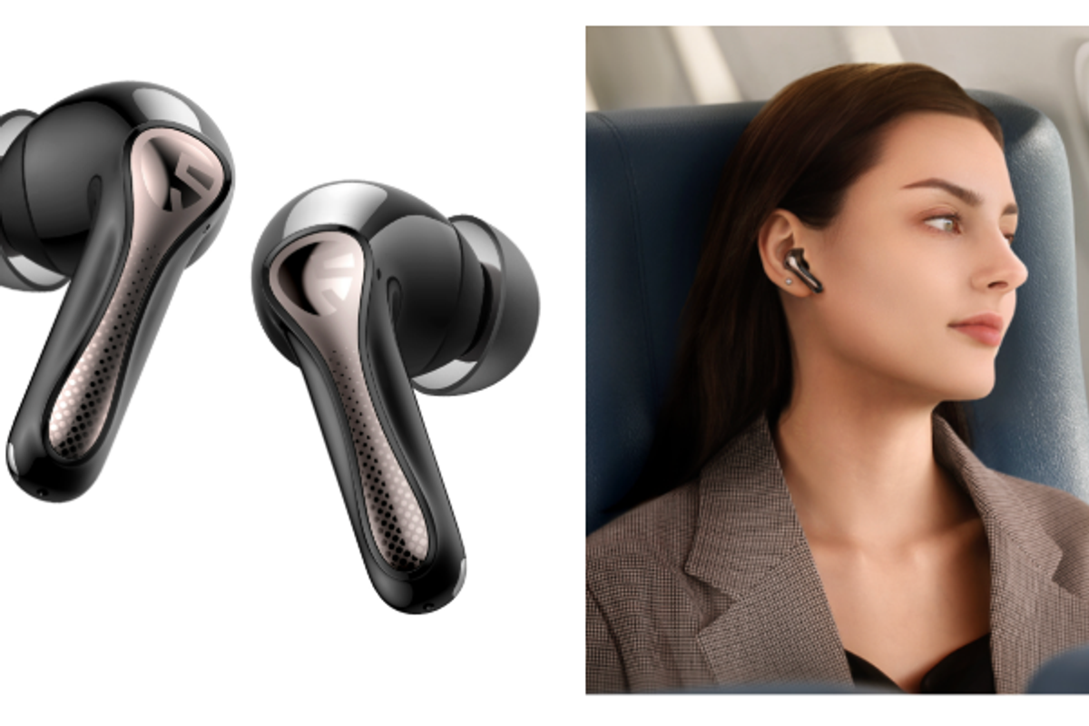 photo of a woman wearing SoundPEATS Air5 Pro Earbds