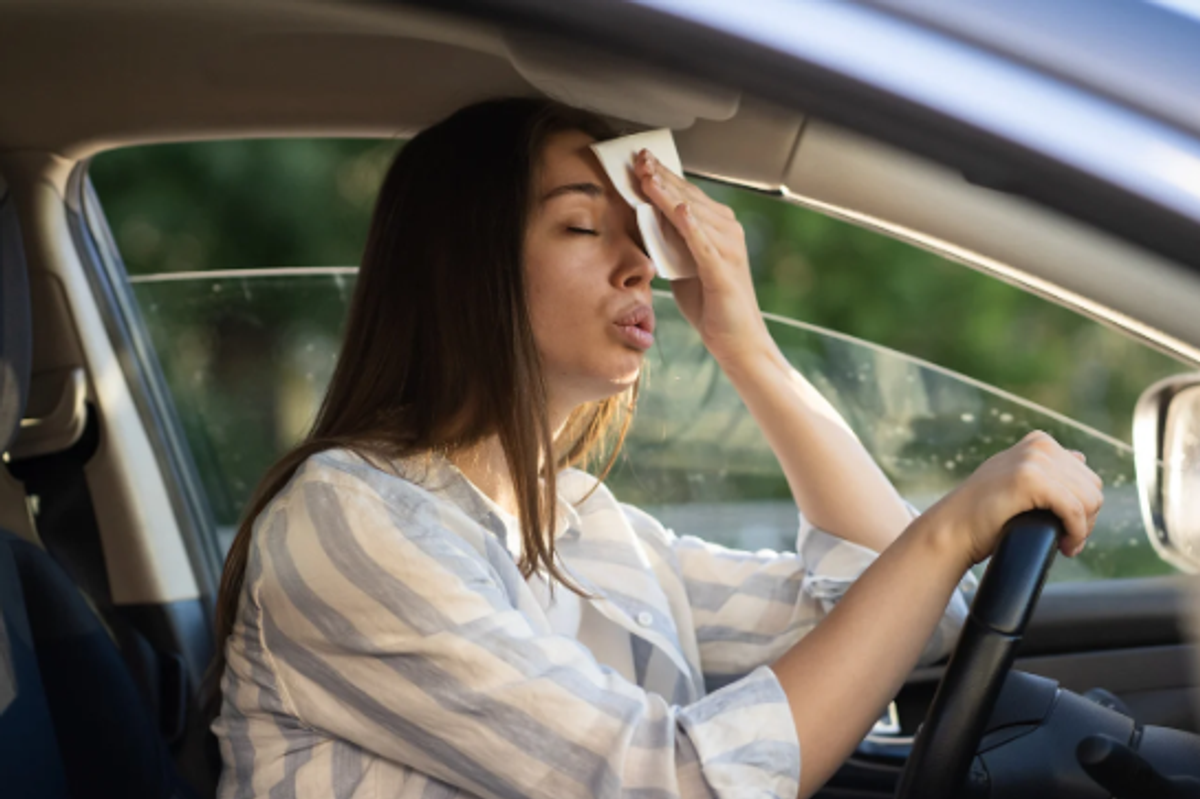 hot car, hot steering wheel, hot woman, sweat, summer,
