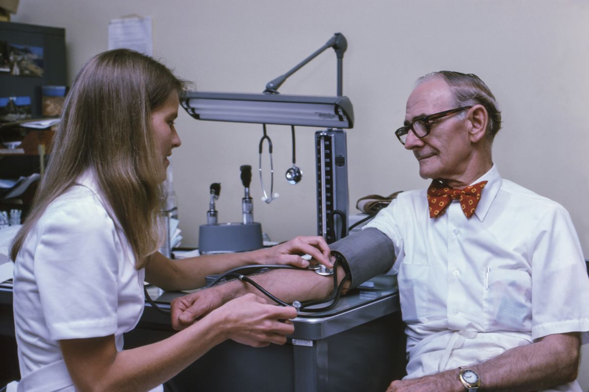 elderly man, doctor's office, health, blood pressure