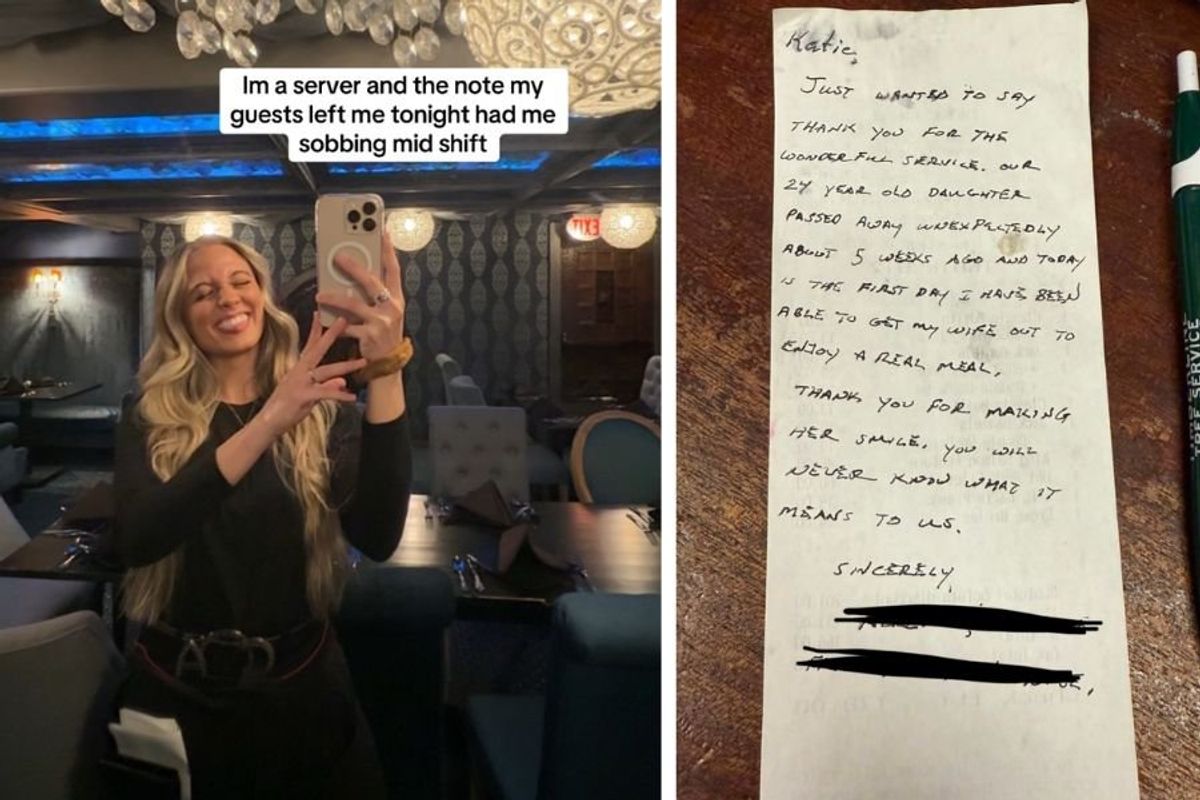 handwritten note, server, server life, waitress, tipping, restaurant, kindness, note on bill, grief, connection, losing a daughter