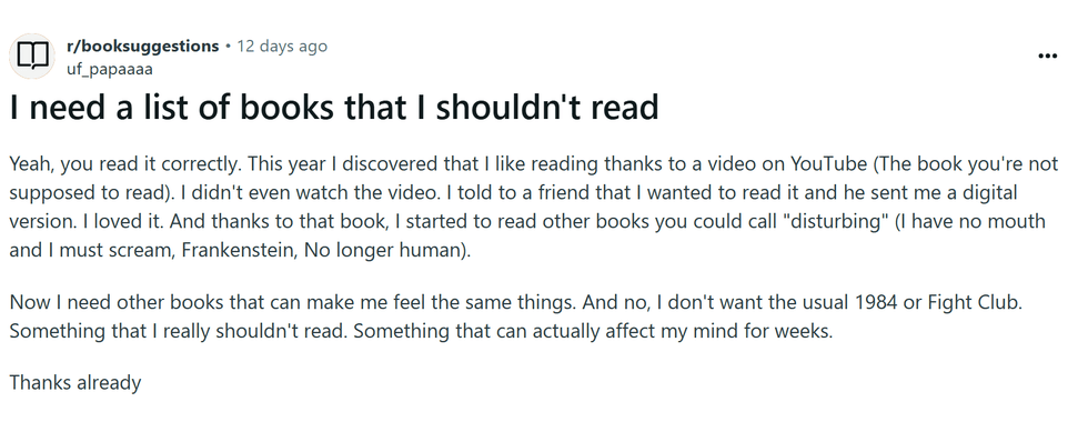 Reddit, reading, horror, novel, recommendations