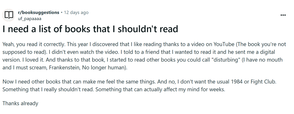 Reddit, reading, horror, novel, recommendations