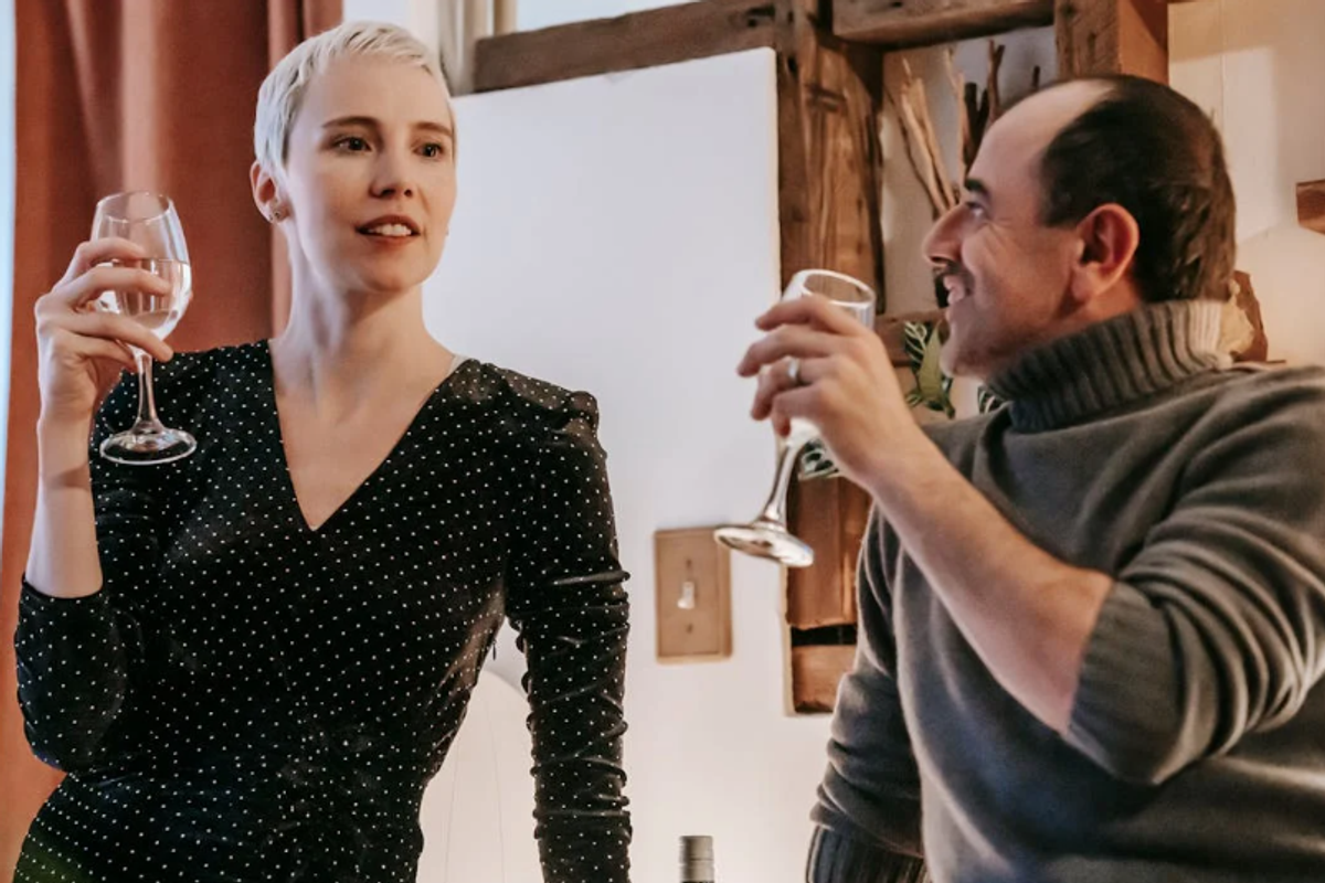 wine, date, woman and man, blonde woman, man with moustache, first date