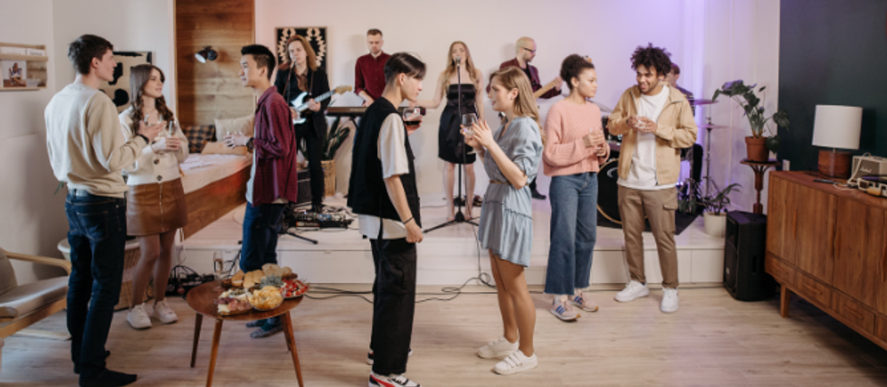 party, small talk, chit chat, young people, band, living room