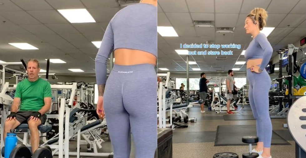 Creepy guy wouldn't stop staring at her working out. She knew exactly what to do.