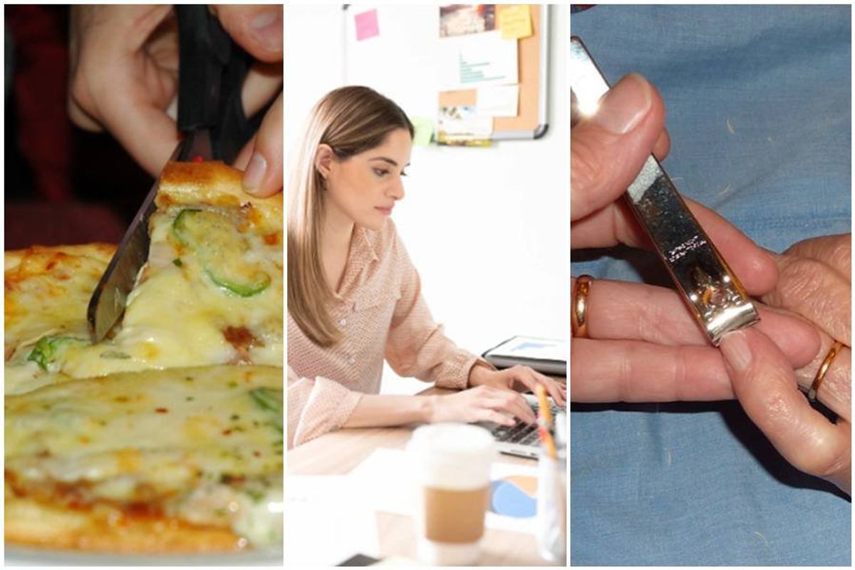 pizza, scissors, nail cutters, work email, life hacks, laptop, office woman