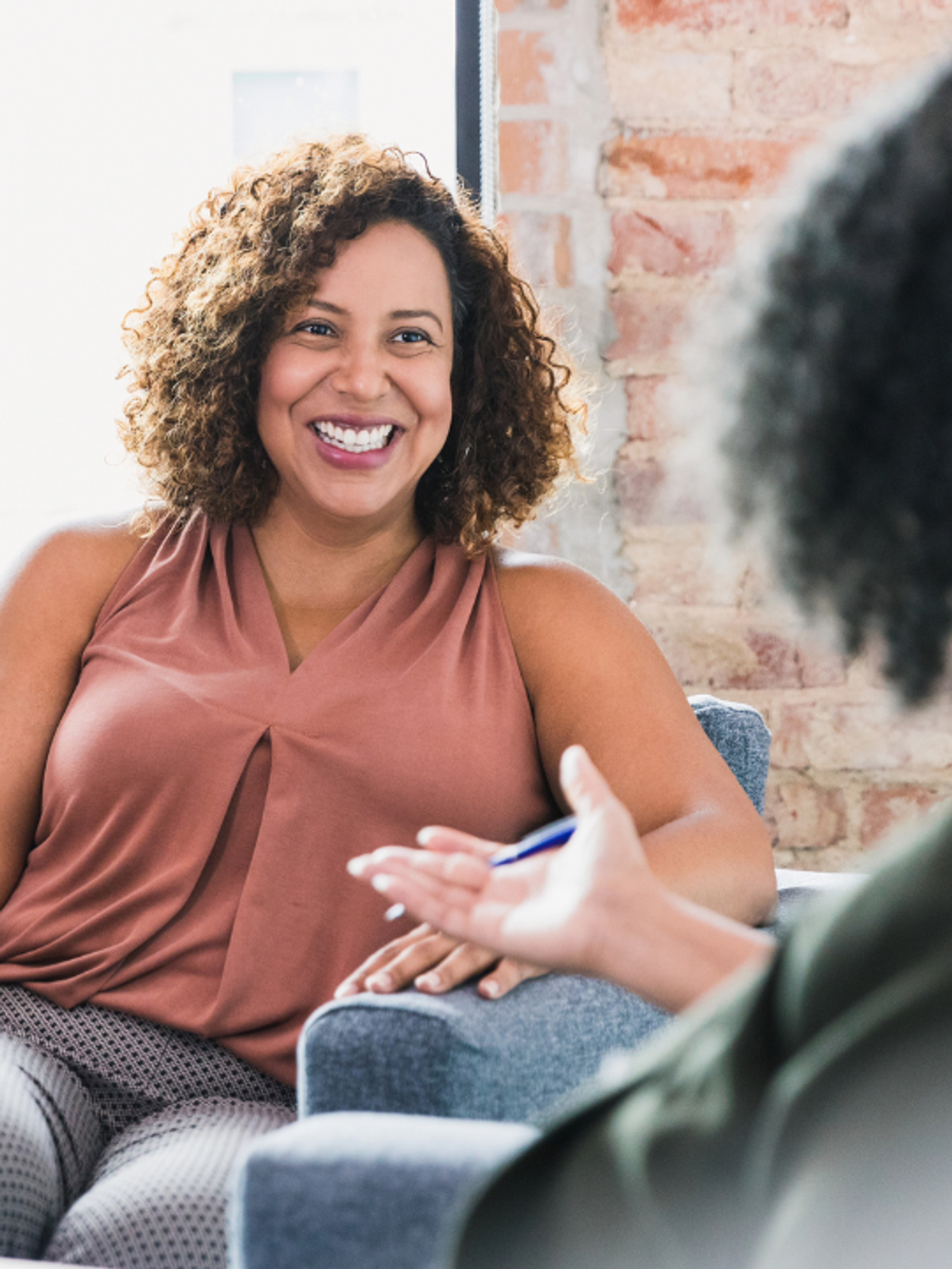 woman, smiling, therapy, connection, feelings