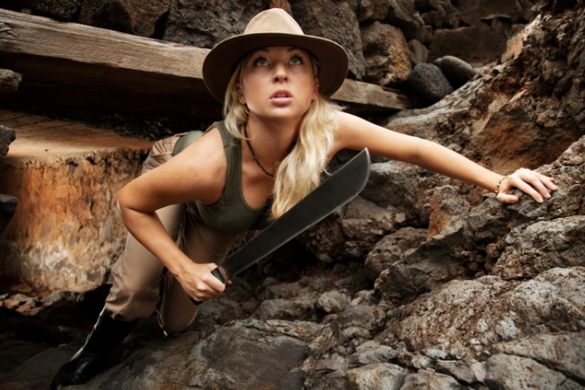 adventure girl, woman with sword, indiana jones, mountain climber, woman in hat,